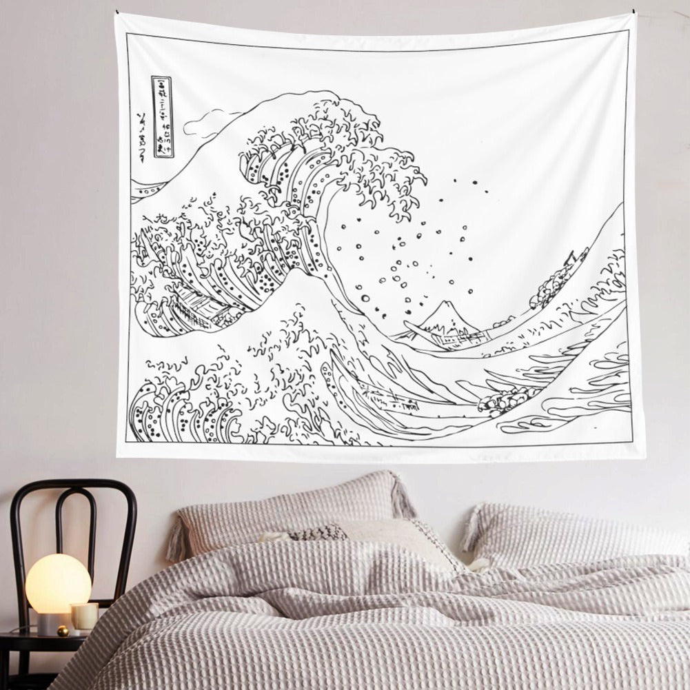 Zwart & Wit Kanagawa Golf Wandtapijt