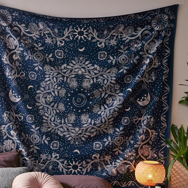 Wandtapijt met Blauwe Maan en Bloemen Mandala