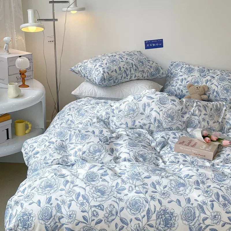 Lichtblauwe Bloemenprint Beddengoedset