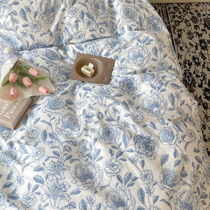 Lichtblauwe Bloemenprint Beddengoedset