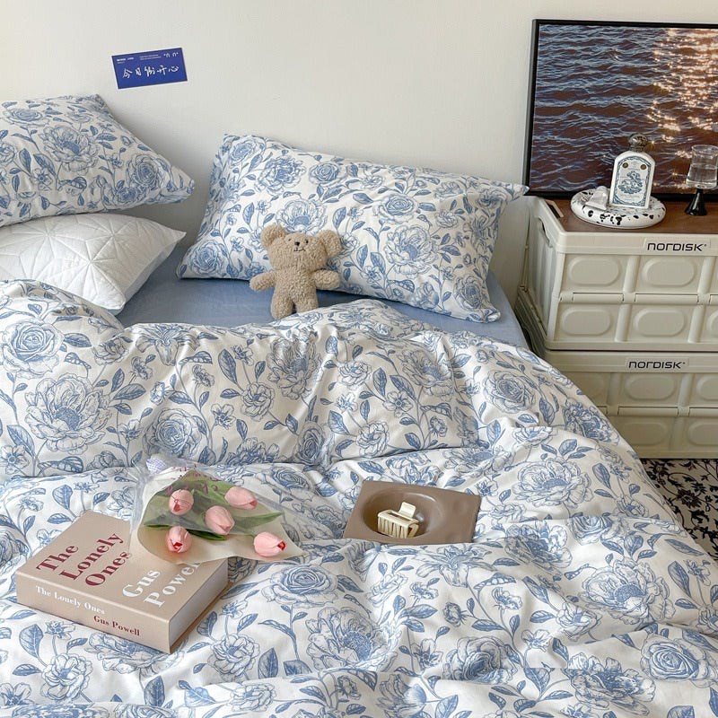 Lichtblauwe Bloemenprint Beddengoedset