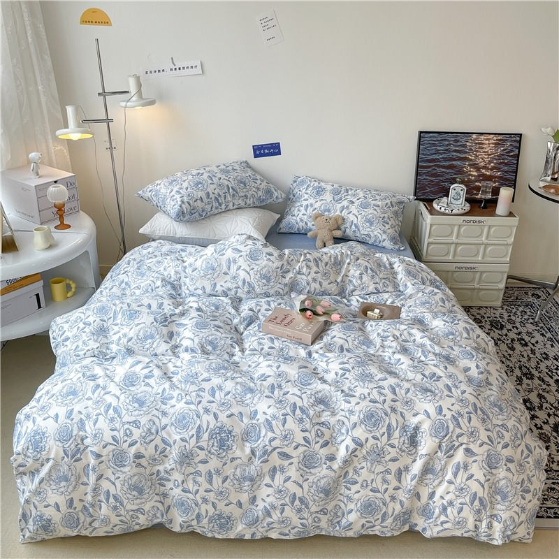 Lichtblauwe Bloemenprint Beddengoedset