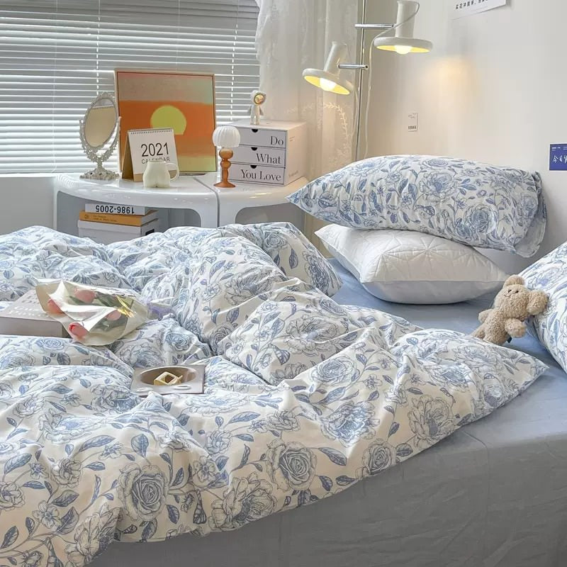 Lichtblauwe Bloemenprint Beddengoedset
