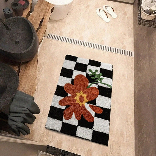 Geruit Vloerkleed met Oranje Bloemenaccent
