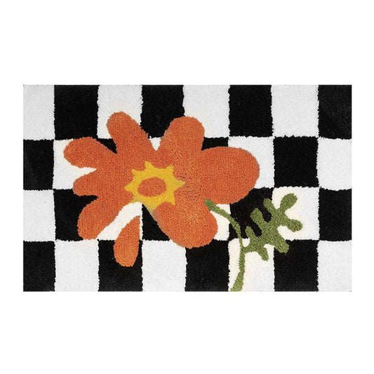 Geruit Vloerkleed met Oranje Bloemenaccent